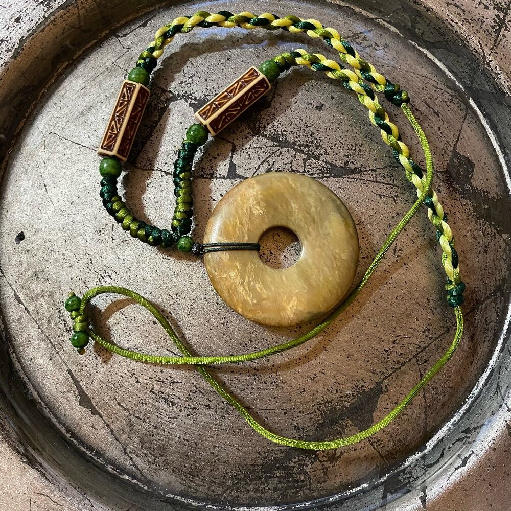 Women Green and Yellow Braiding with a Yellow Donut Jasper Stone Necklace 17''